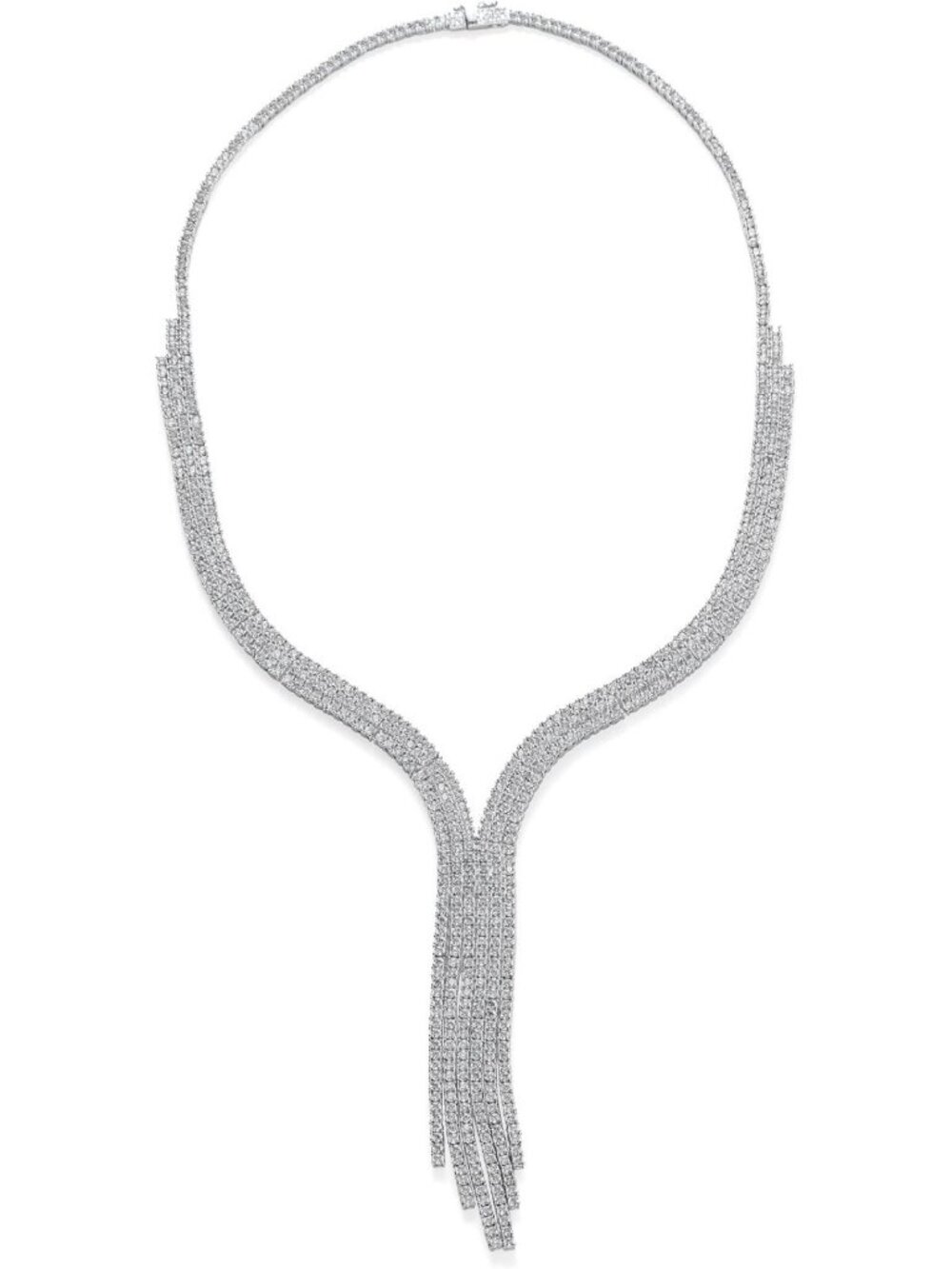 Art Deco Fringe Tassel Statement Necklace - Silver Plated CZ Jewelry Accessory
